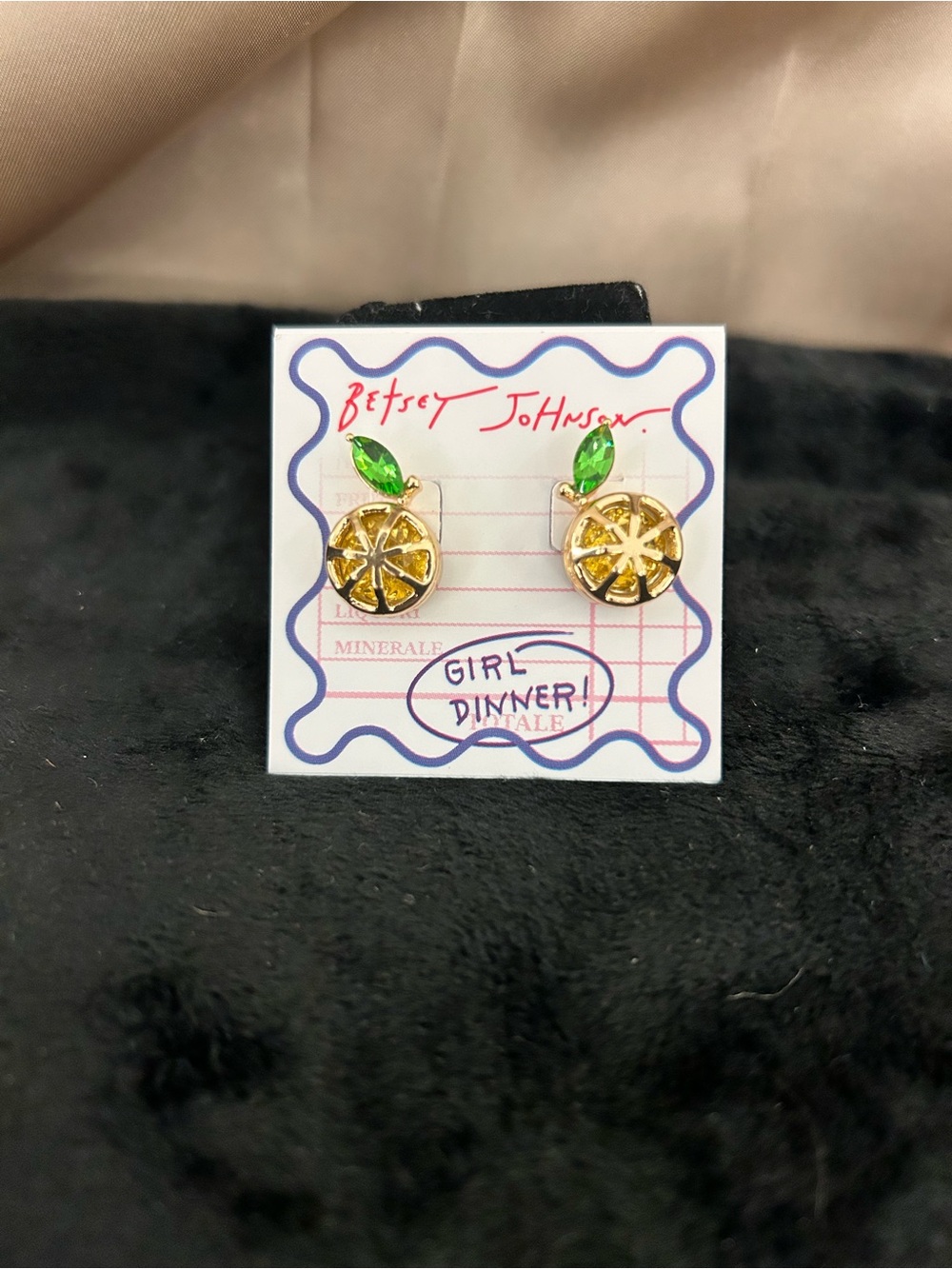Betsey Johnson Gold Lemon Slice Stud Earrings with Green Leaf Crystals